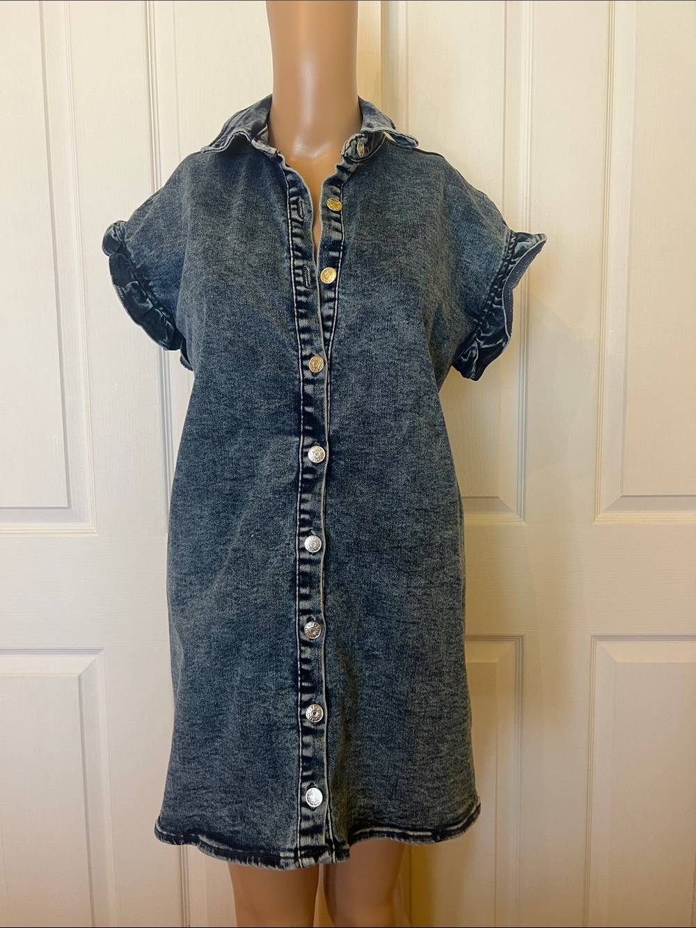 Vintage Wash Black Denim Button-Front Mini Dress